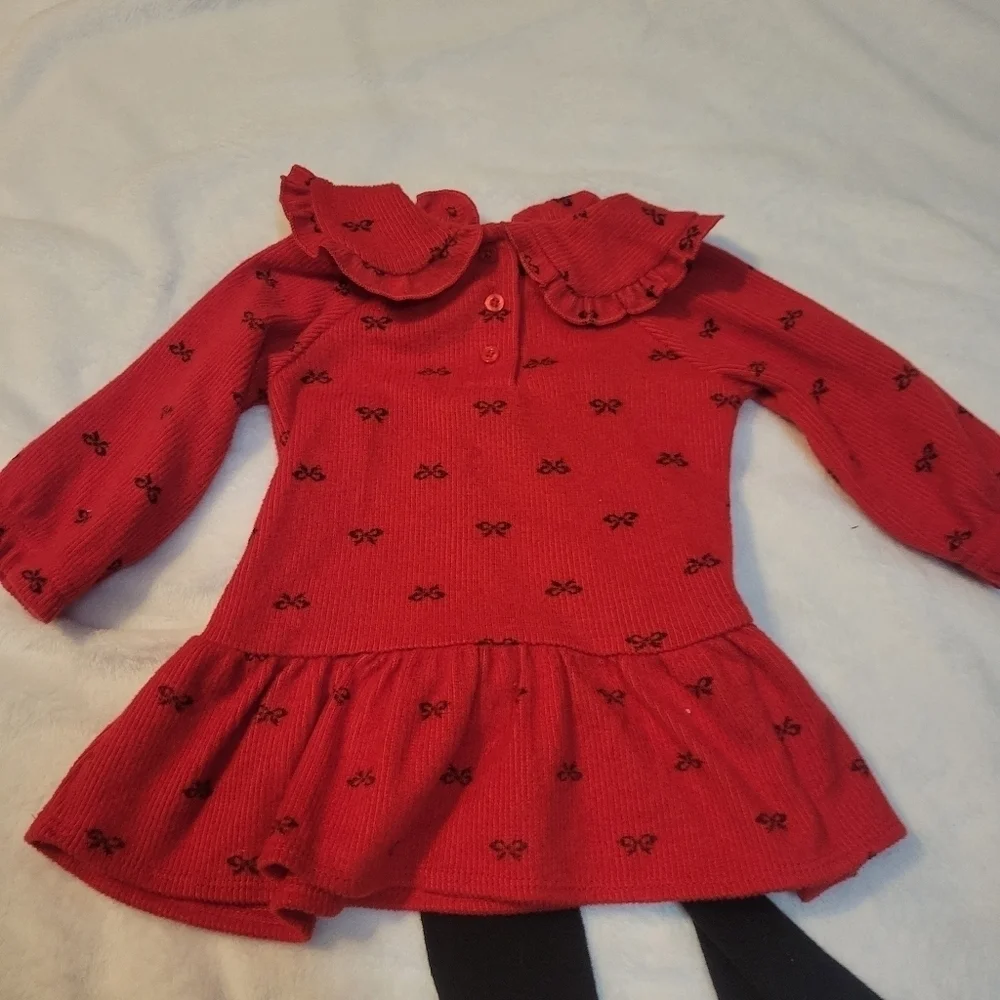 Red long sleeve baby dress with black tights size 6-9 mo
